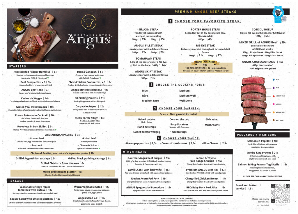 menu restaurant ANGUS steakhouse